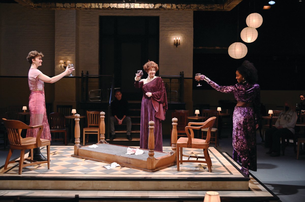 Fiona Marie Maquire as Margaret 1, Mauro Hartman (background) as Ensemble 3, Paula Plum as Margaret 3, and Rachel Christopher as Margaret 2 in Trinity Rep’s production of ‘By the Queen.’